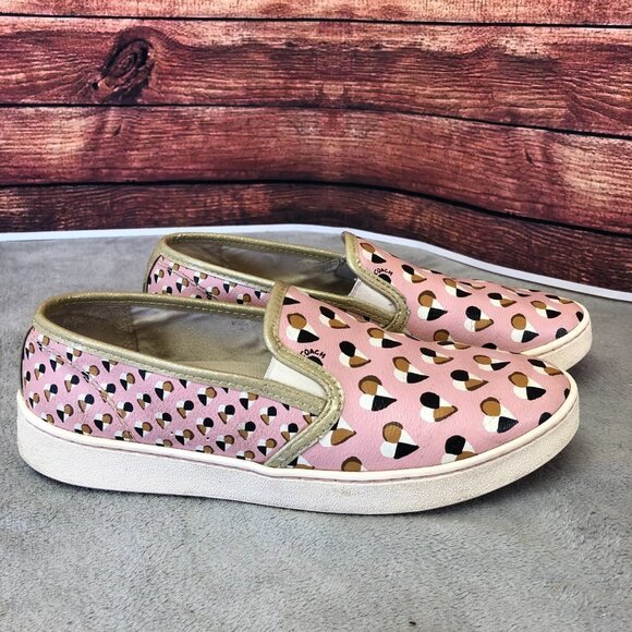 Coach Heart Print Blush Pink Gold Trim Heart Slip On Shoes Size 10B - Picture 1 of 16
